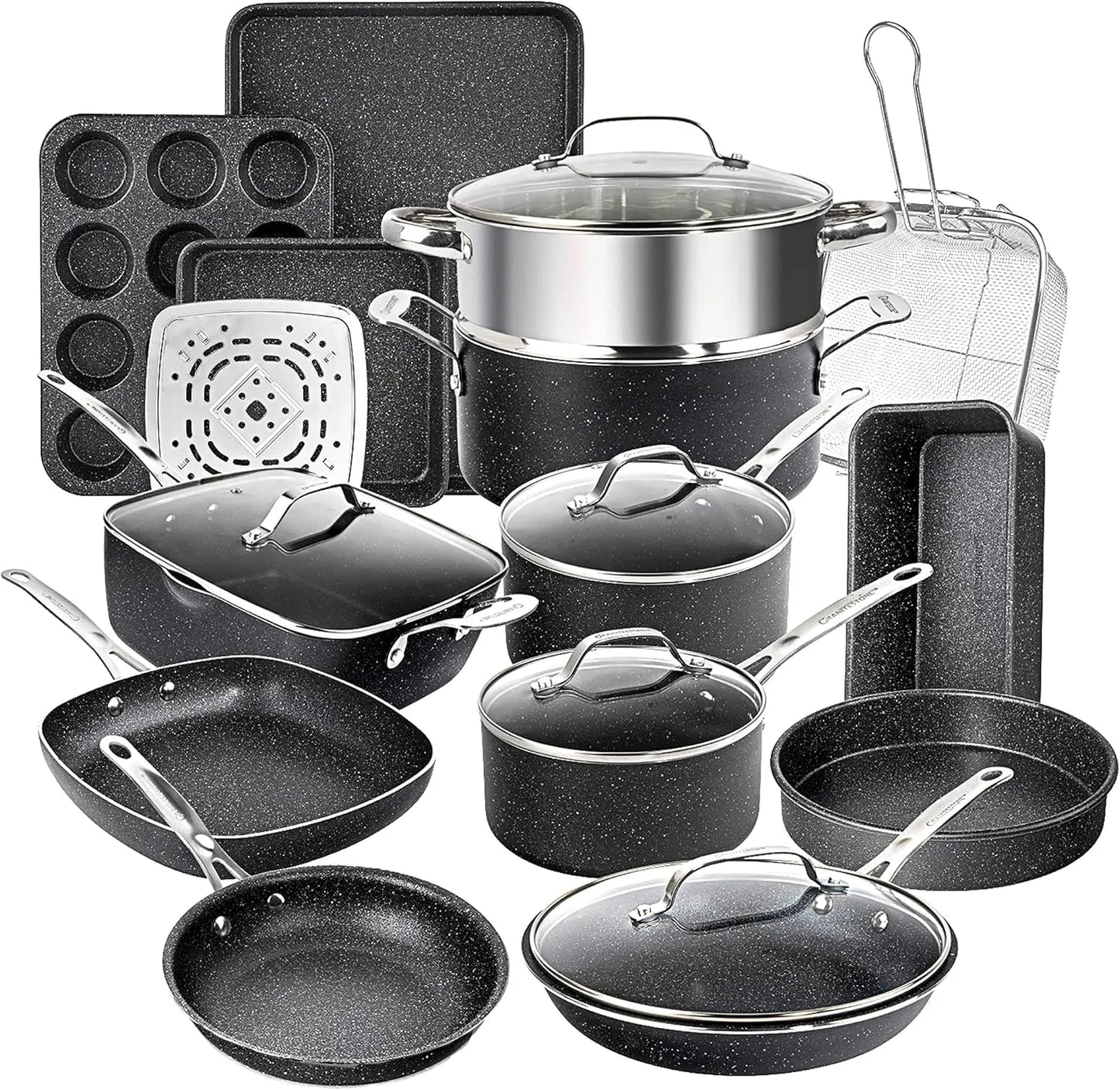 True 20 Pc Pots and Pans Set Non Stick Cookware Set with Deep Square Pan and Bakeware Set, Non Toxic Ohberri