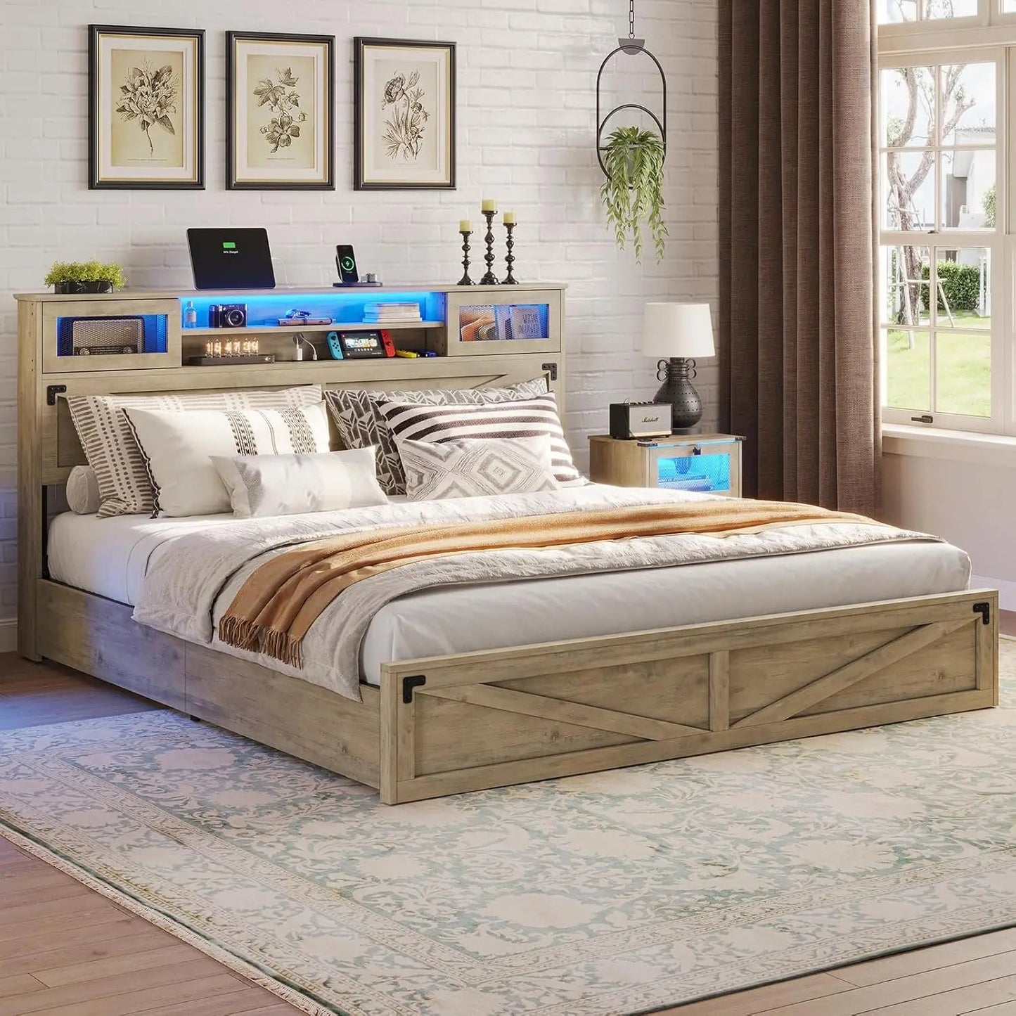 Farmhouse Bed Frame with Bookcase Headboard and 2 Drawers, Wooden Platform , Rustic Brown Ohberri