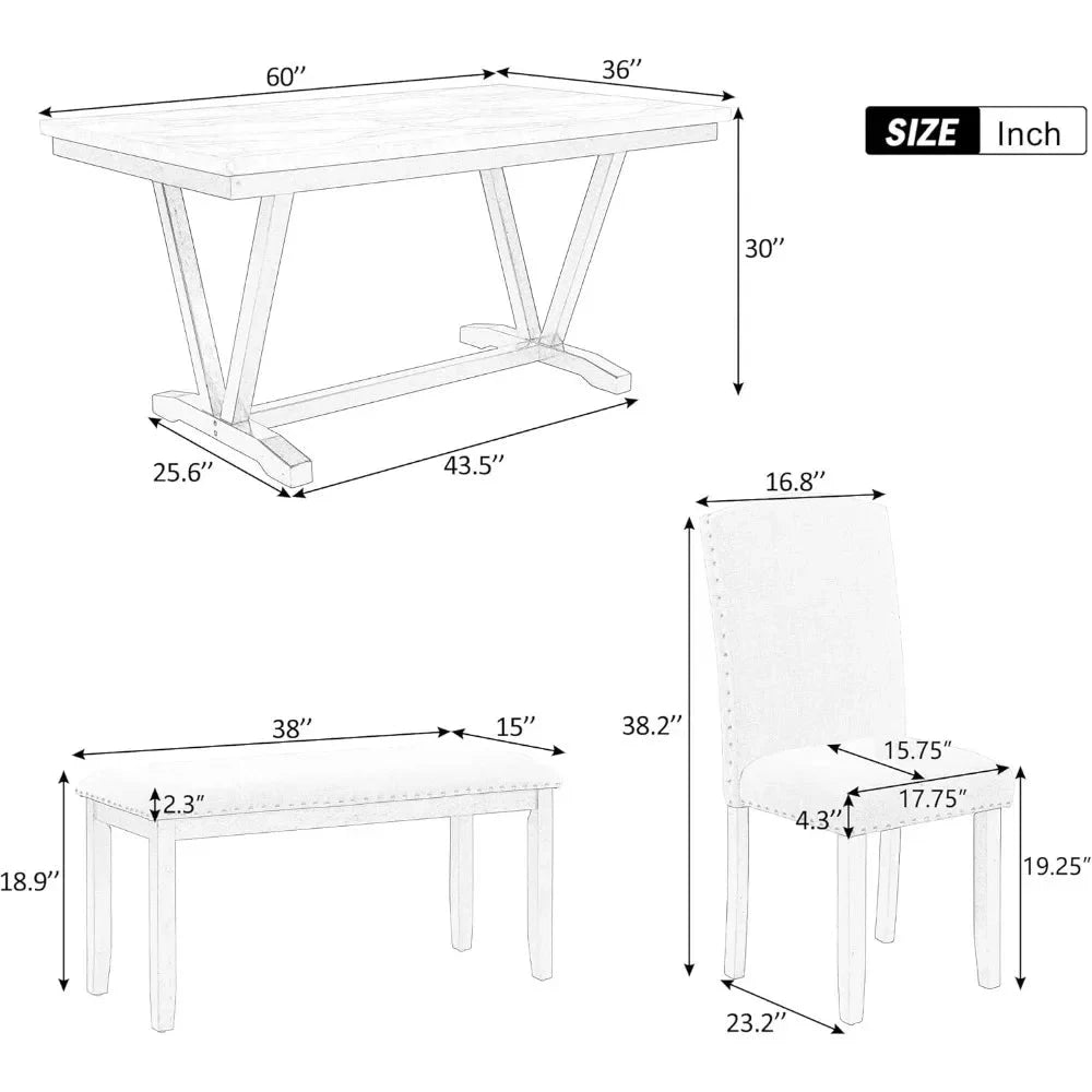 6 Pieces Dining Table Set with Bench, Rectangle Dining Table with 4 Upholstered Chairs & a Bench, Wood Ohberri