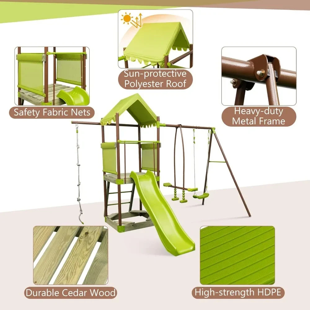 Swing Sets for Backyard, 7-in-1 Heavy Duty Metal Swing Set Glider and Swing, Outdoor Playset for Playground, Gift for Kids Ohberri