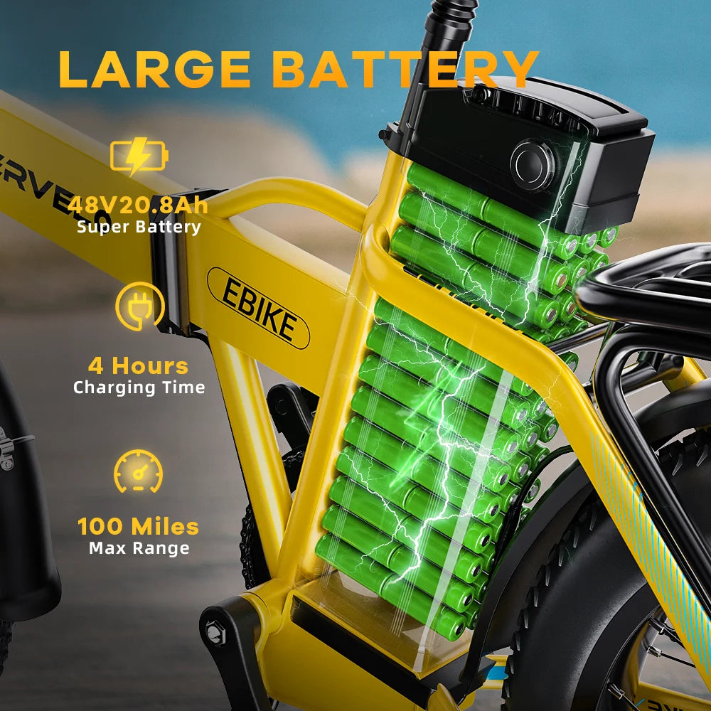 1000W Folding Electric Bike, 48V 20AH 30+MPH, 80 Miles Max Range, 20" Tire - Ohberri