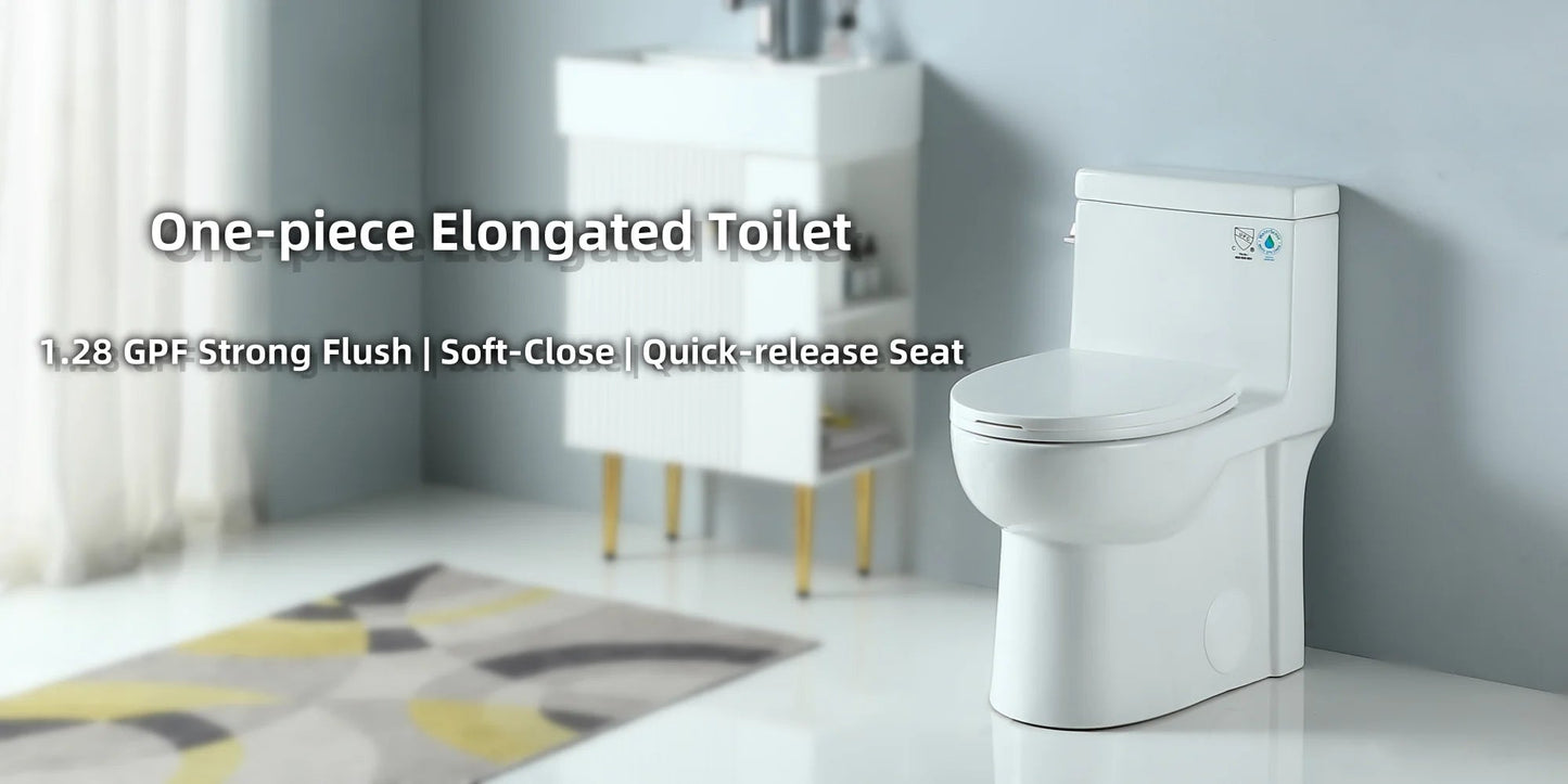 1.28 GPF Single-flush One Piece Toilet, Water-Saving Elongated Ohberri