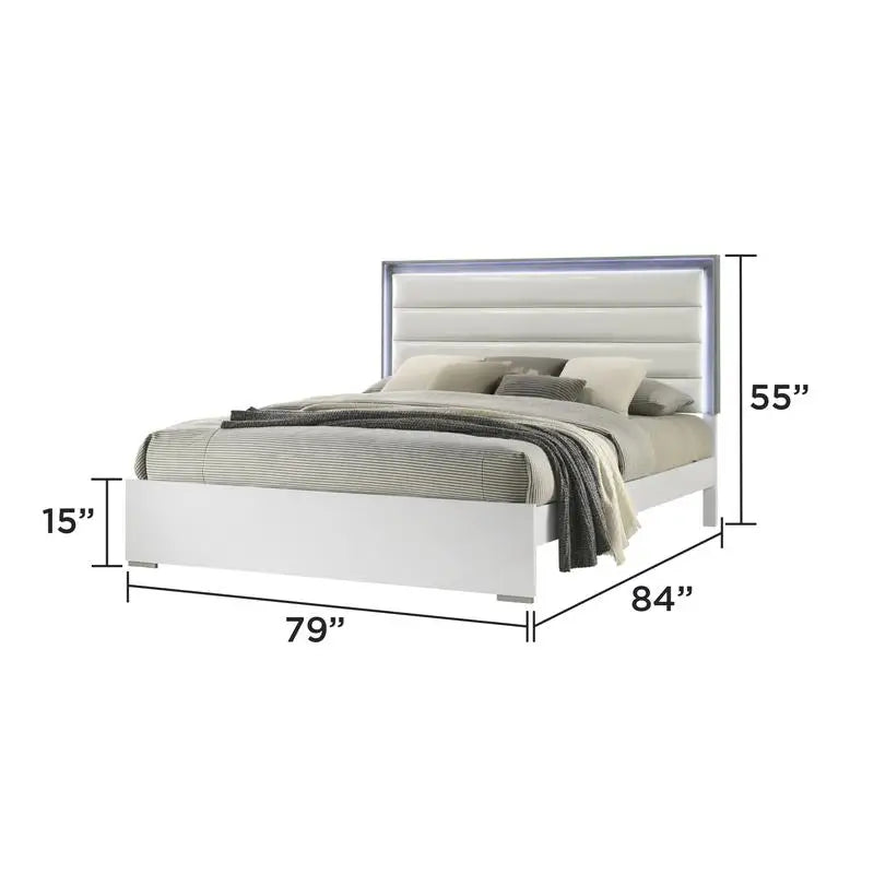 Contemporary 5-Pc King Bed Set with LED Headboard, Wood, White Finish - Ohberri