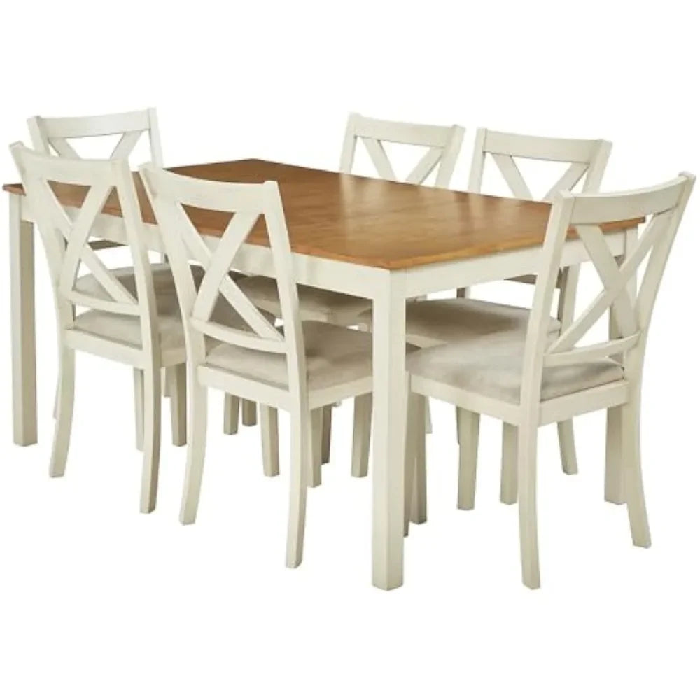 7-Piece Farmhouse Solid Wood Dining Table Set with 6 Upholstered Chairs, 60" Space Saving Dinner Table & Chairs Set - Ohberri