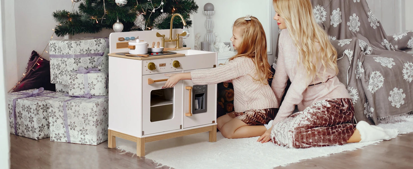 Wooden Play Kitchen with Real Lights Sounds Ice Cube Dispenser -White - Ohberri