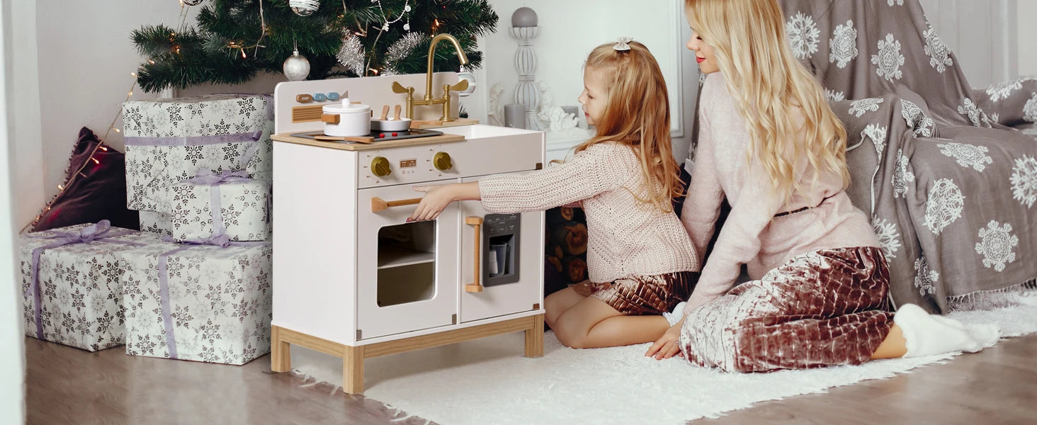 Wooden Play Kitchen with Real Lights Sounds Ice Cube Dispenser -White - Ohberri