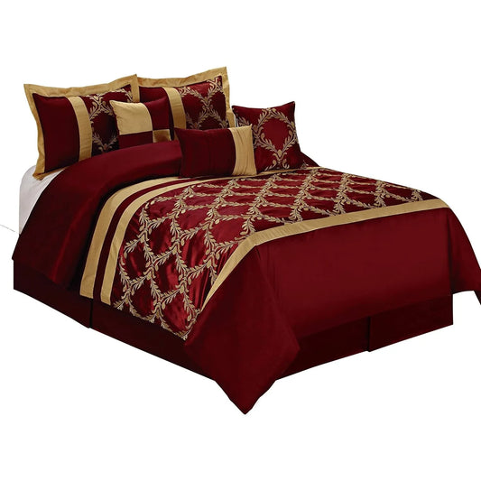 7 Piece Comforter Set King - Burgundy and Gold Faux Silk Fabric Embroidered - Claremont Bed in A Bag - Breathable and Wrinkle - Ohberri