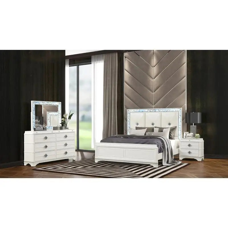 Modern Style 4 Piece Queen Upholstered Bedroom Set with Wood and Crystal Accents in White - Ohberri