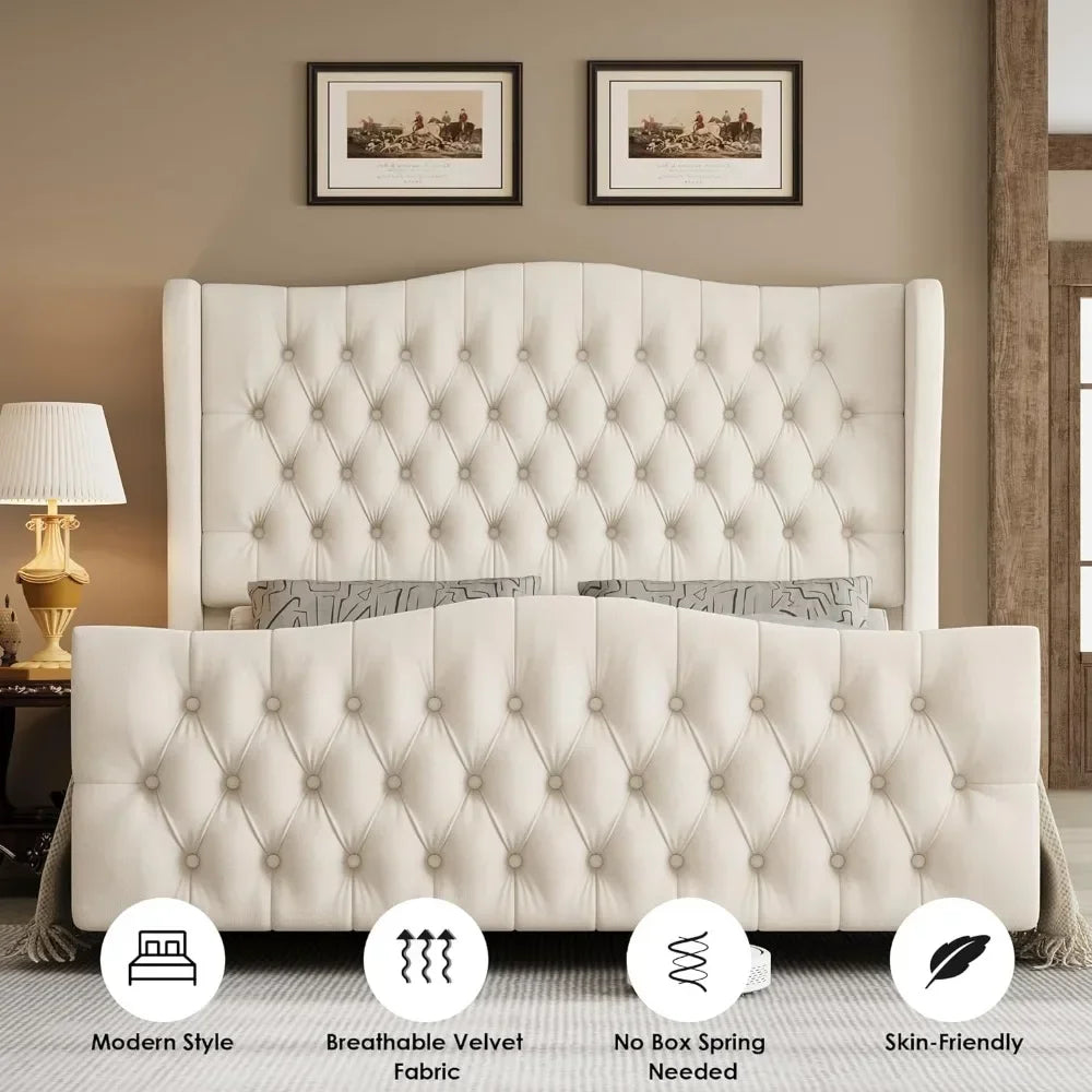 Velvet Upholstered Deep Button Tufted Wingback Headboard and Footboard - Ohberri