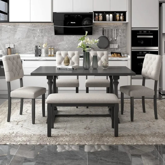 6 Pieces Dining Table Chair Set with Bench, Rectangle 4 Upholstered Chairs & a Wood Kitchen for Persons, Modern Style Room - Ohberri