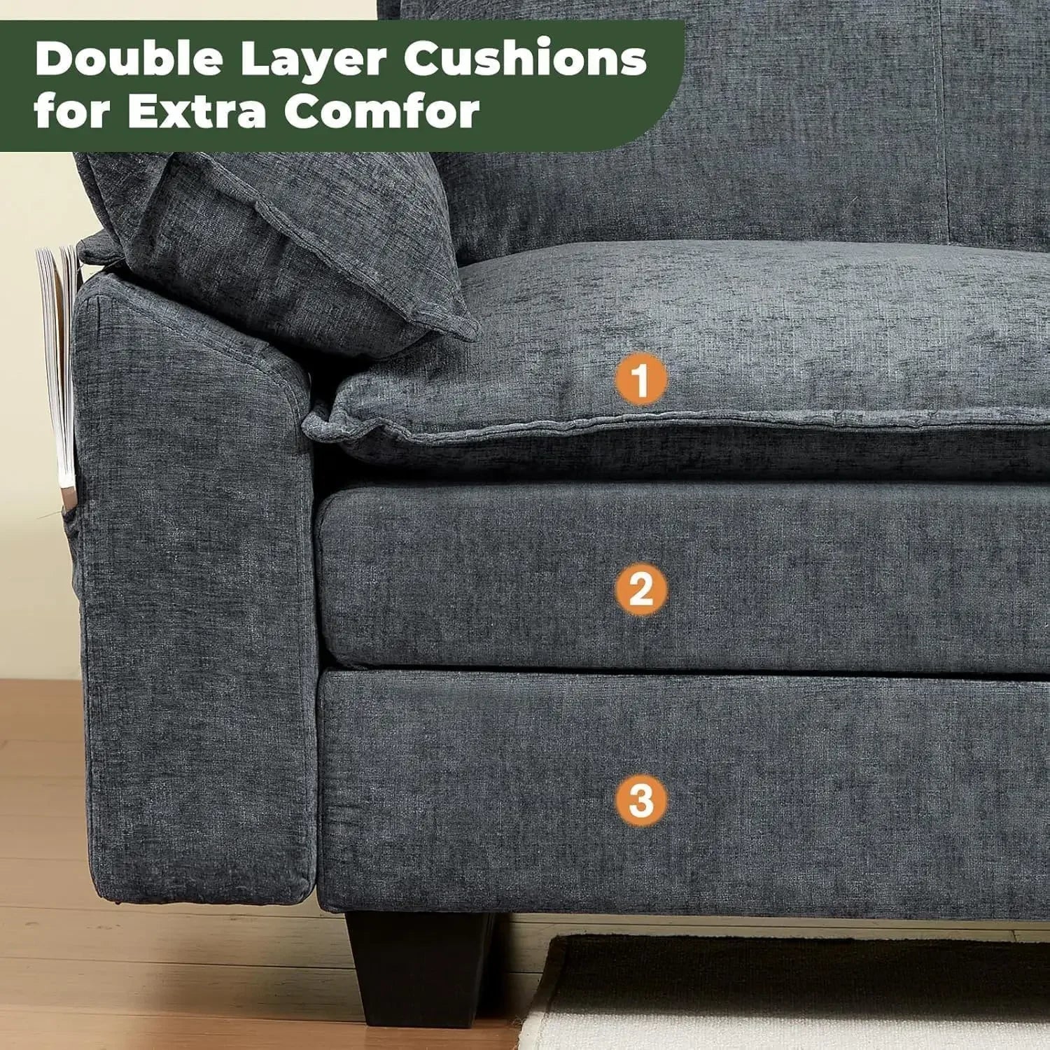 Cloud Couch Sectional with USB, Movable Ottoman, 3-Layer, Modern - Ohberri