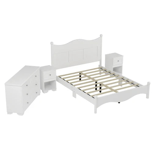 4-Pieces Retro Style Bedroom Sets, Queen Size Platform Bed Storage Nightstand and Dresser with Metal Handle, White - Ohberri