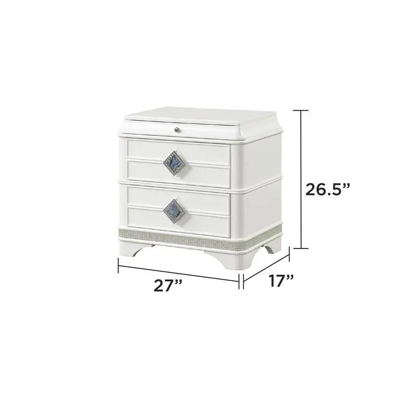 Modern Style 4 Piece Queen Upholstered Bedroom Set with Wood and Crystal Accents in White - Ohberri