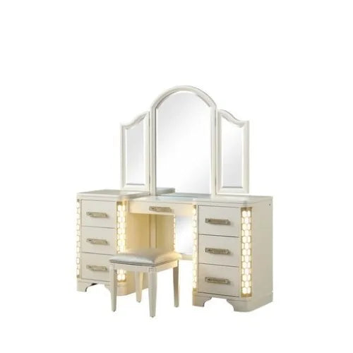 Queen 5 Pc Unique LED Vanity Bedroom Set made with Wood in Beige - Ohberri
