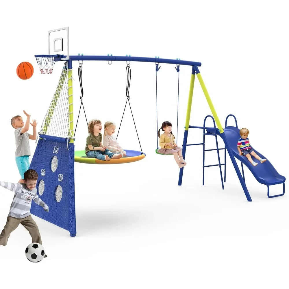 Swing Sets for Backyard with Kids Slide Outdoor Heavy-Duty Metal Playset for Kids 440lbs 5 in 1 Swing Set Ohberri