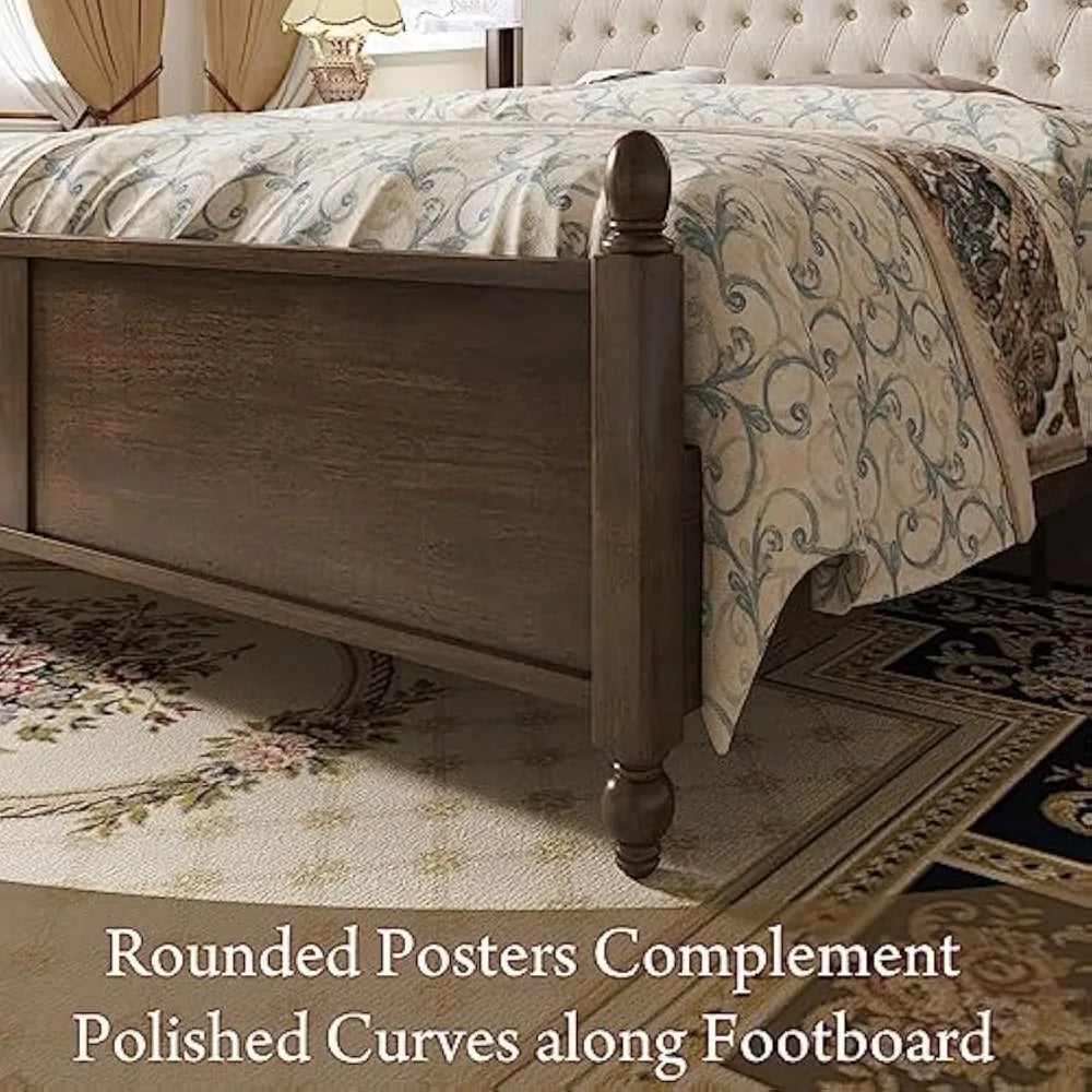 King Size Wood Bed Frame with Upholstered Headboard, Solid Wood Platform Bed with Linen Tufted - Ohberri
