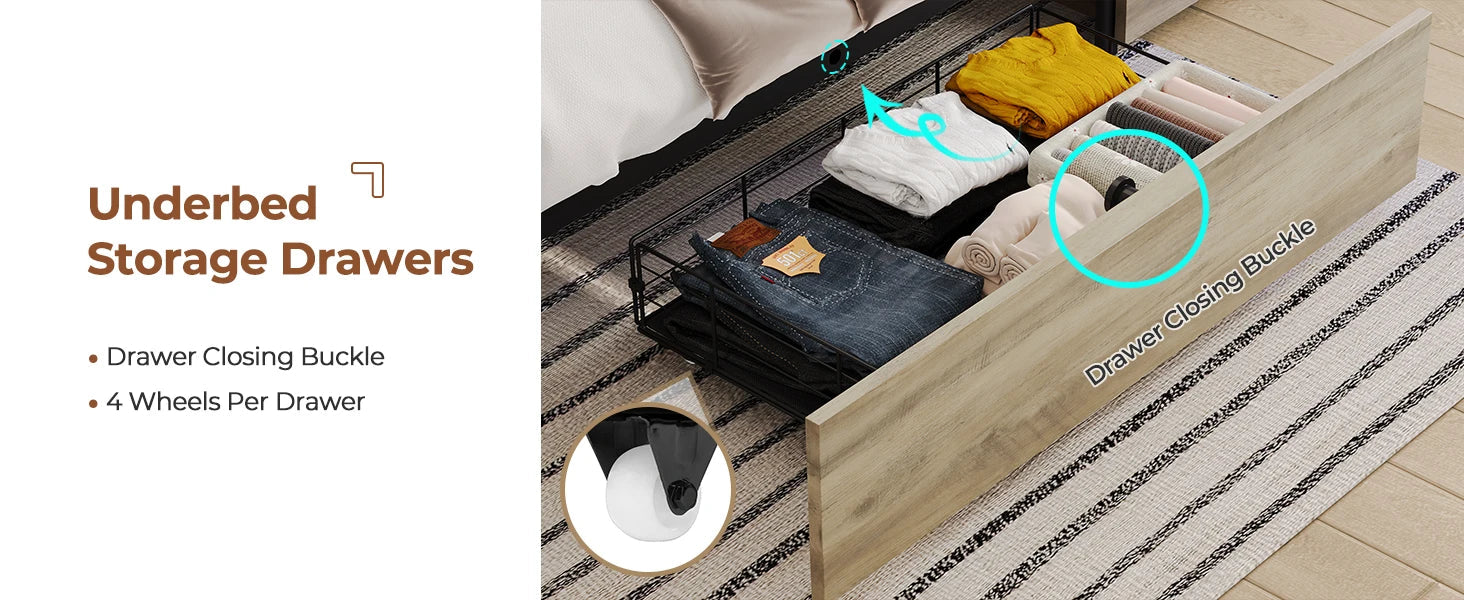 Farmhouse Bed Frame with Bookcase Headboard and 2 Drawers, Wooden Platform , Rustic Brown Ohberri