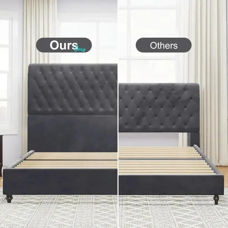 King Size Bed Frame with Velvet Tall Sleigh Headboard, 52.8" Button-Tufted Design, Elegant and Stylish - Ohberri