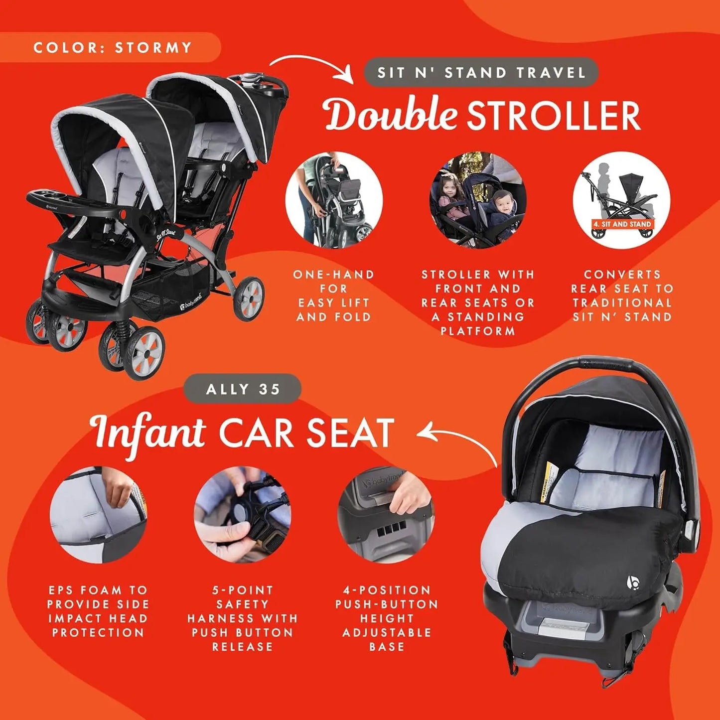 Double Combo, 2-Piece Set, Storm - Portable Lightweight Stroller 2-In-1 And Car Seat Travel System - Ohberri