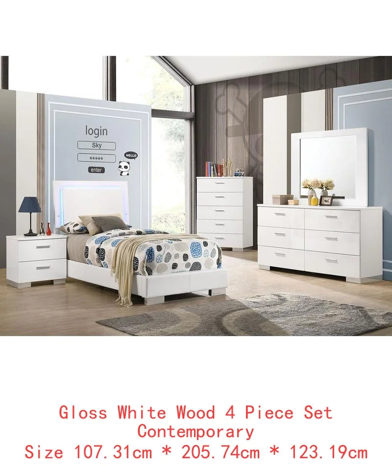 White High Gloss 4-Piece Twin Bedroom Set with Contemporary Design and Durable Finish - Ohberri