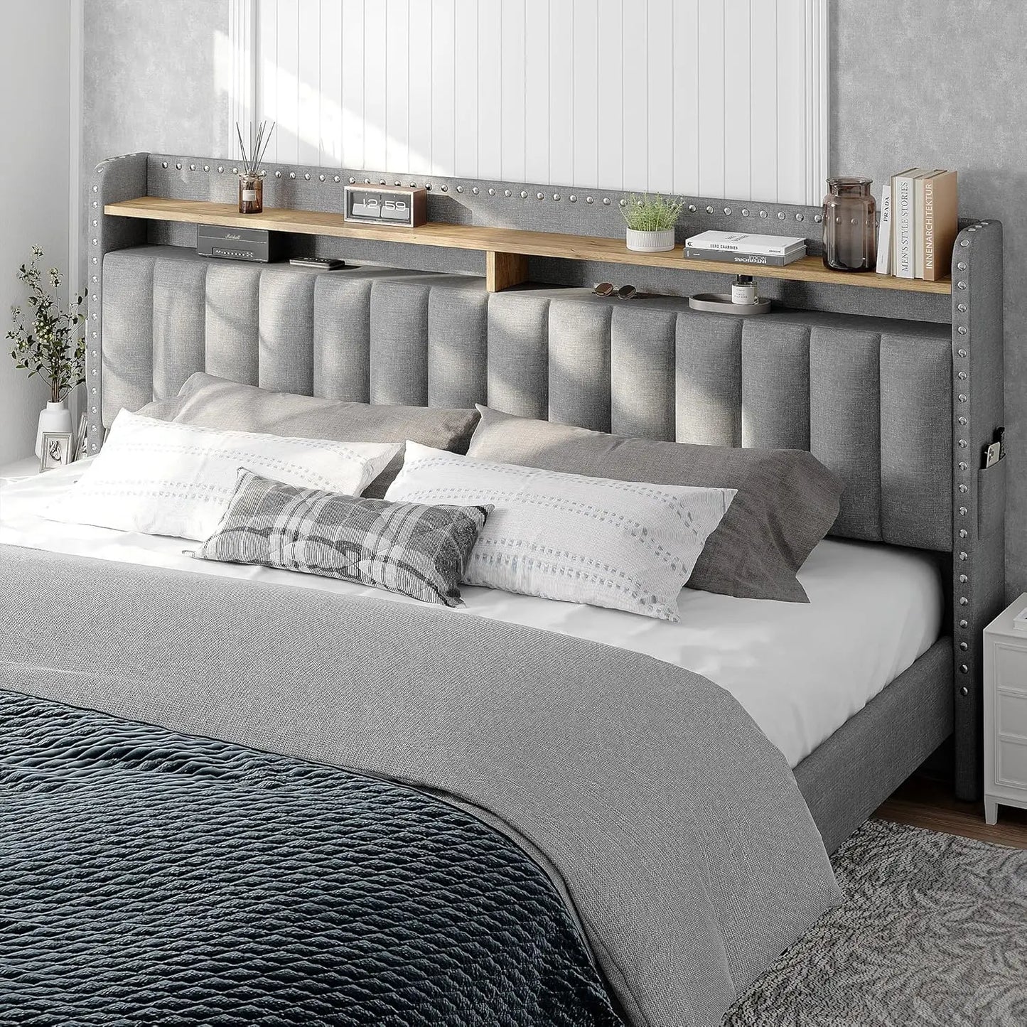 King Size Bed Frame with Storage and Headboard Upholstered King Bed Frame - Ohberri