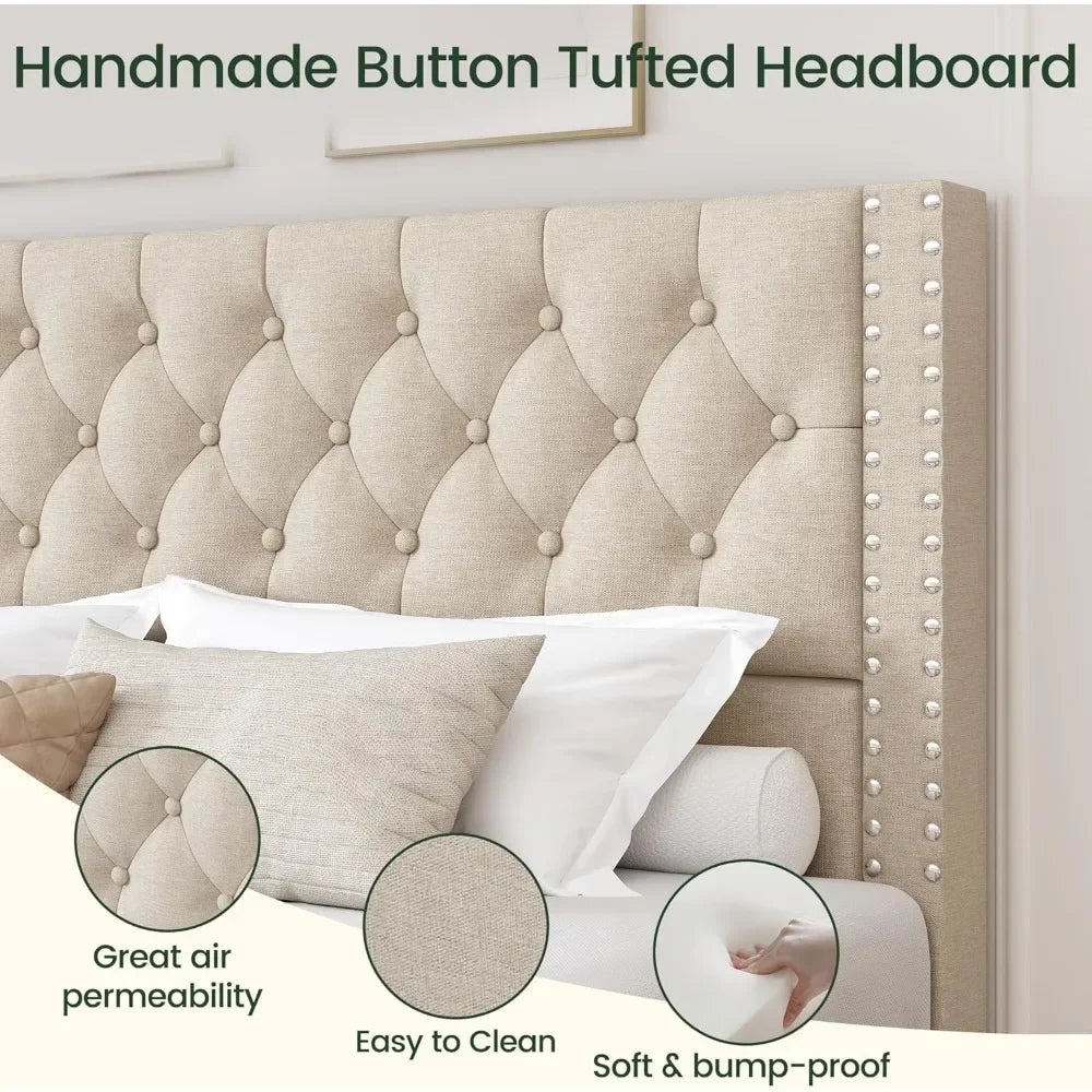 King Size Platform Bed Frame with 4 Storage Drawers and Headboard Linen Upholstered Bed Frame Tufted Beds - Ohberri