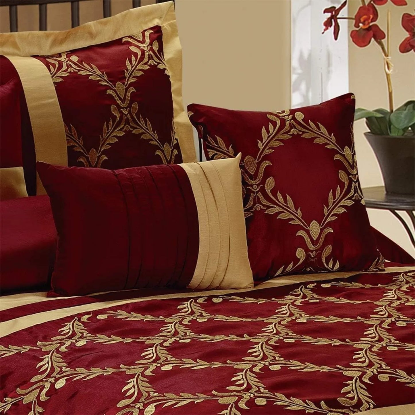 7 Piece Comforter Set King - Burgundy and Gold Faux Silk Fabric Embroidered - Claremont Bed in A Bag - Breathable and Wrinkle - Ohberri