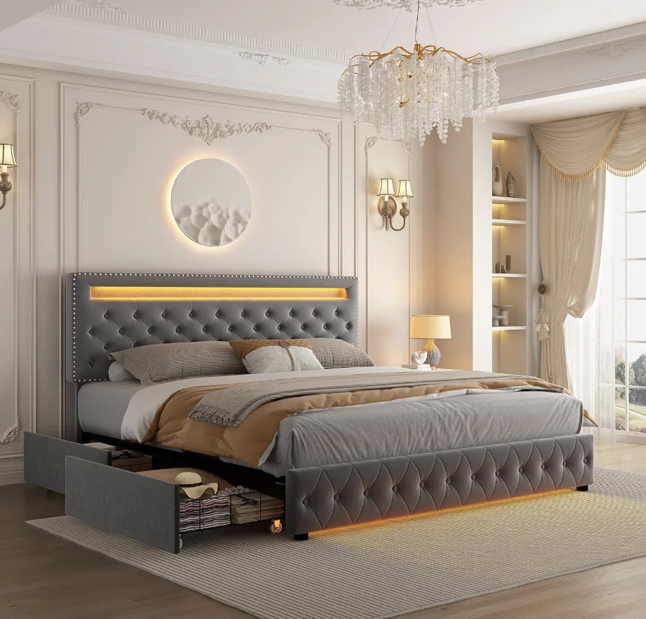 Bed Frame with 4 Storage Drawers, with Smart Control RGBW LED Lights Headboard Footboard, Control DIY Color, Box Sprin - Ohberri