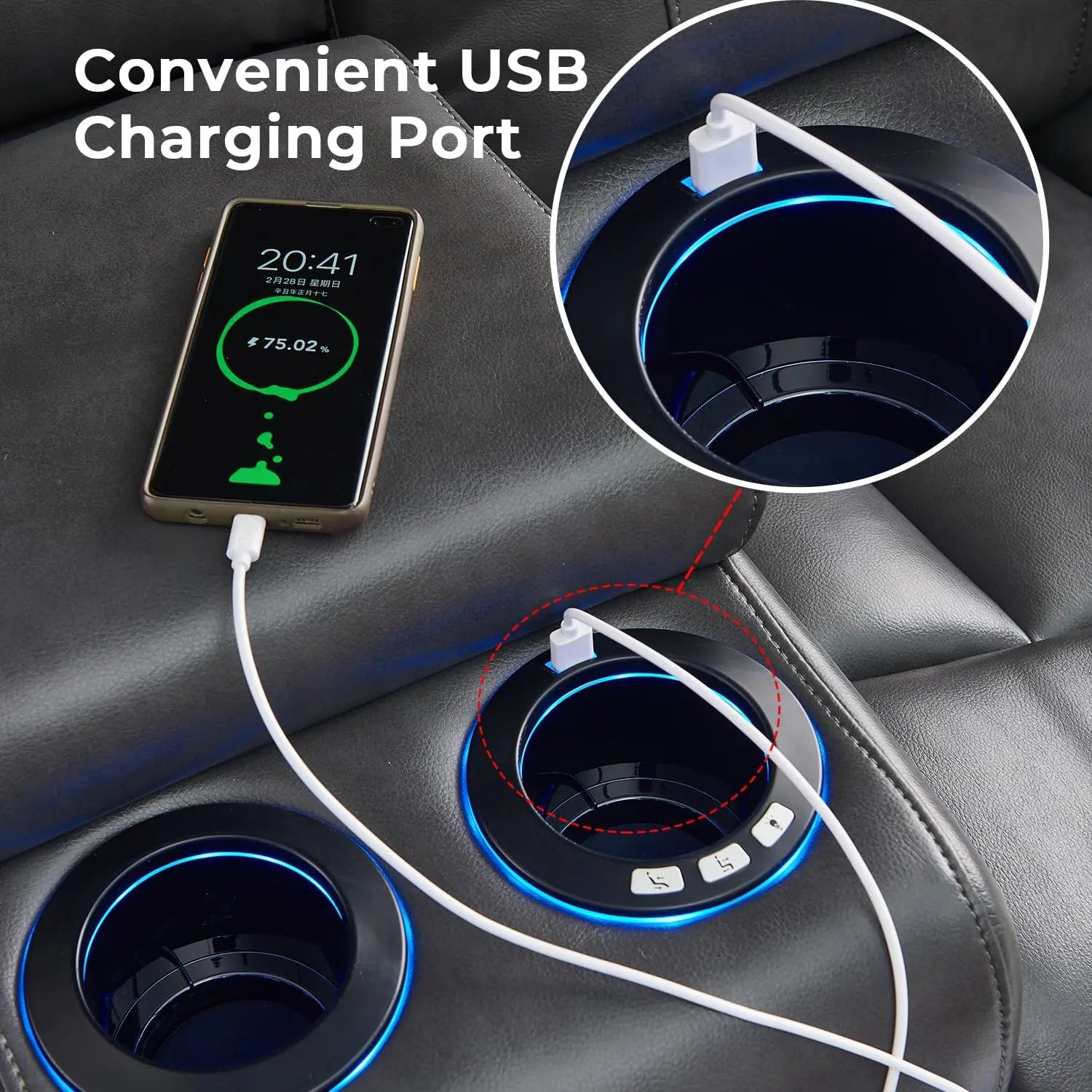 Power Recliner with LED Lights, USB, Cup Holders Storage Console Faux Leather Sectional - Ohberri