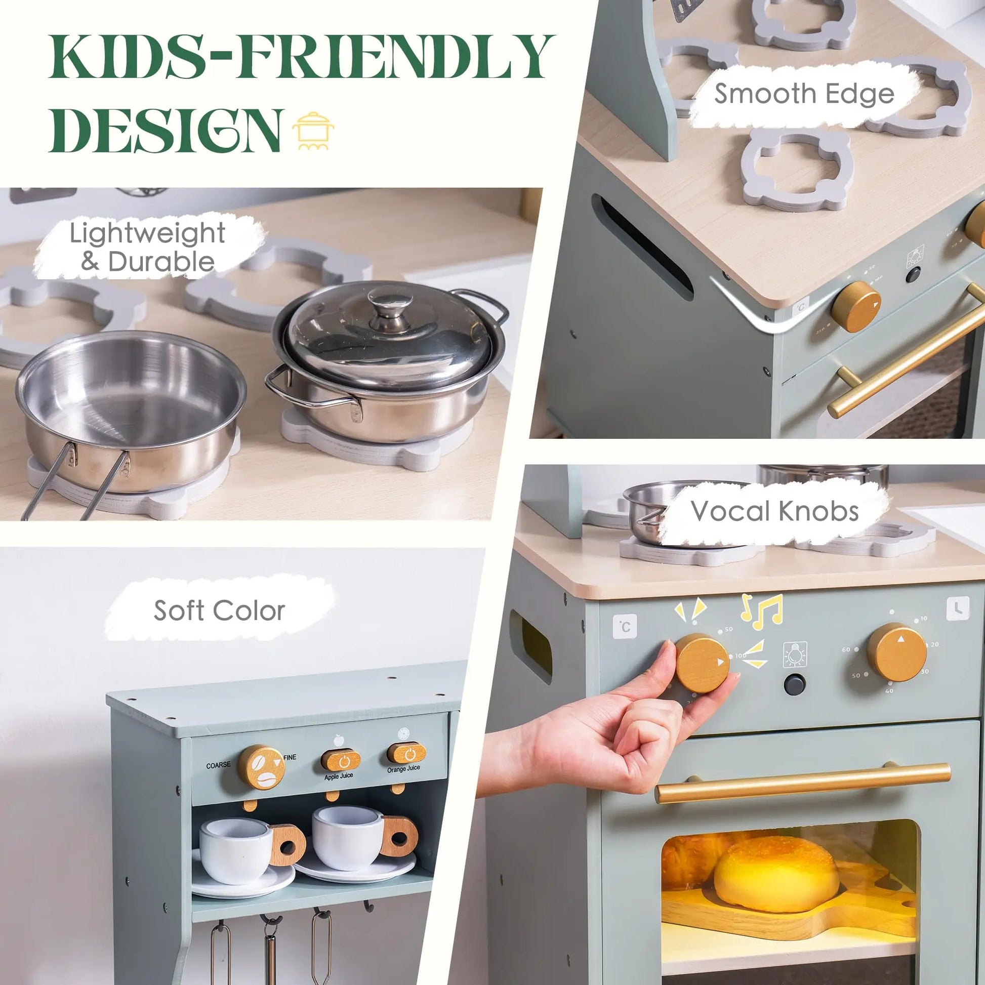 Play Kitchen 10 in 1 Wooden Toy With Appliances & Utensils - Ohberri