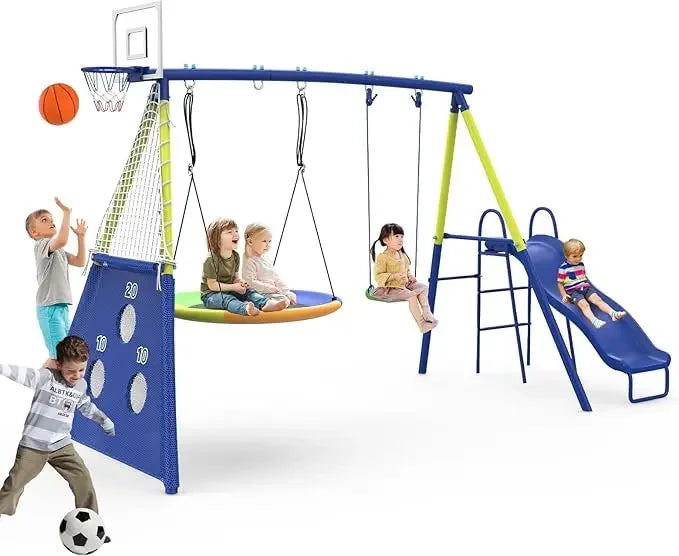 Swing Sets for Backyard with Kids Slide Outdoor Heavy-Duty Metal Playset for Kids 440lbs 5 in 1 Swing Set Ohberri