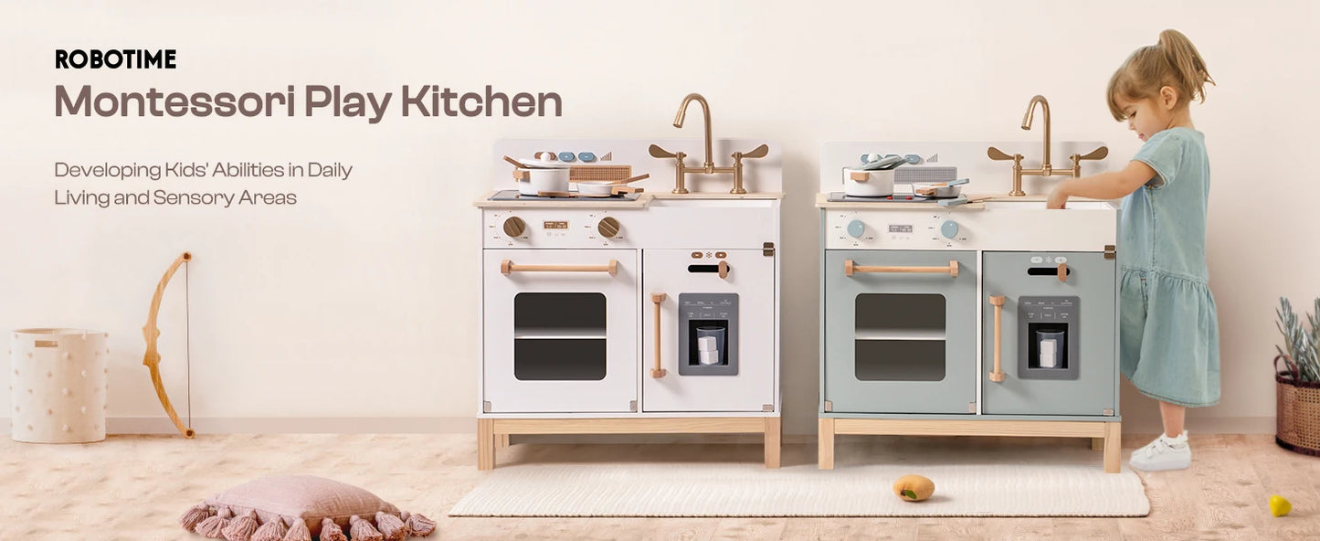 Wooden Play Kitchen with Real Lights Sounds Ice Cube Dispenser -White - Ohberri