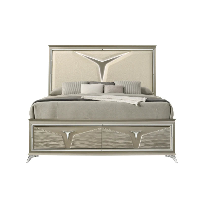 Modern Style Queen 4PC Bedroom Set Made with Wood & LED Headboard ,For bedroom,Main Color:Silver - Ohberri