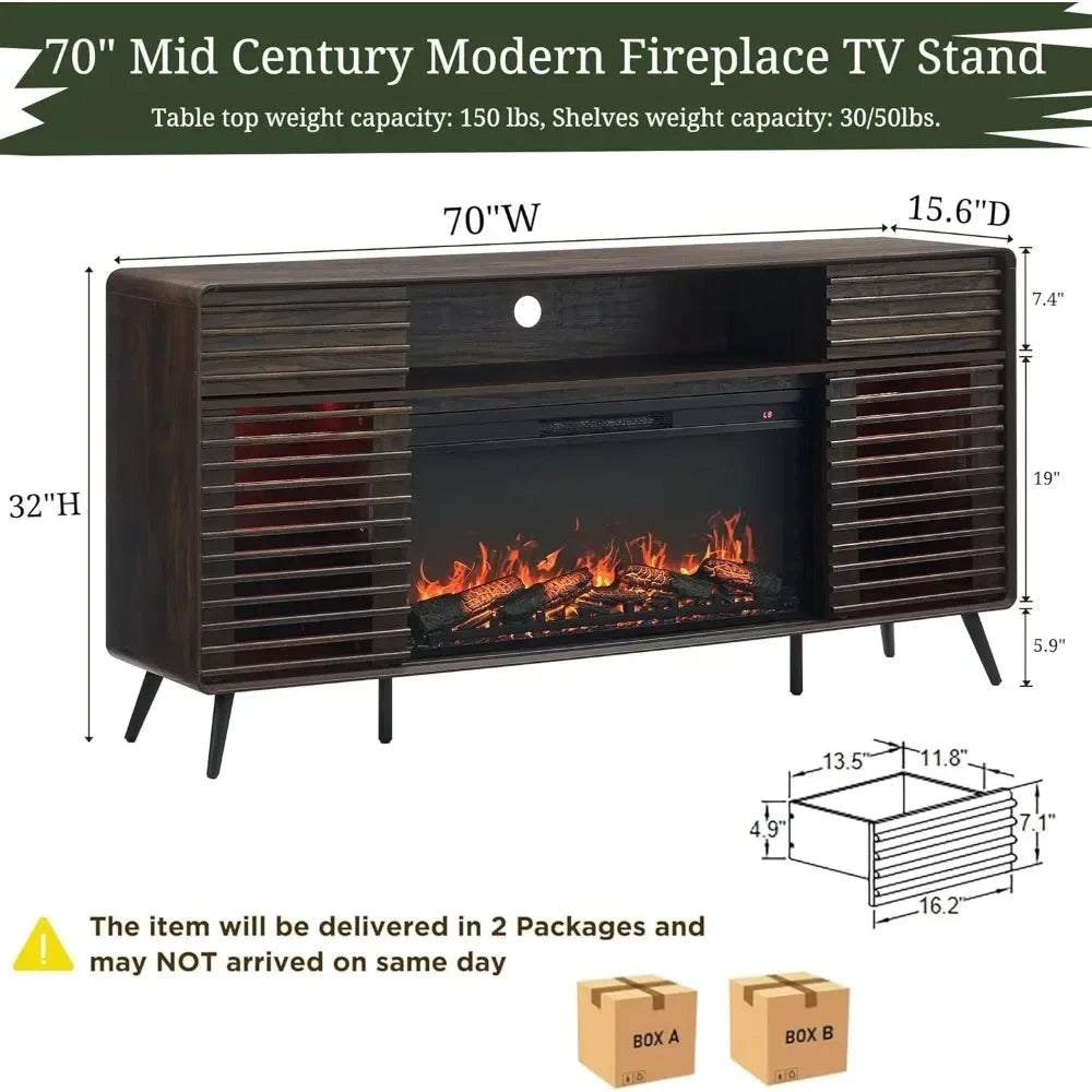 TV Stand for 80 Inch TV, Mid Century Modern with 36" Electric Fireplace & Led Lights Ohberri