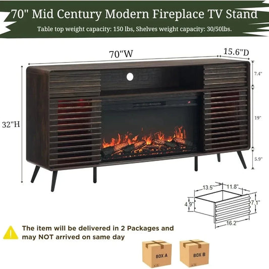 TV Stand for 80 Inch TV, Mid Century Modern with 36" Electric Fireplace & Led Lights Ohberri