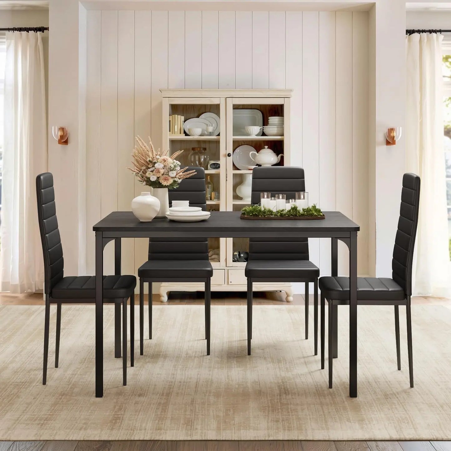 Dining Table Set for 4, Kitchen Table Chairs Set of 4, 5 Piece Kitchen Table Set with 4 Upholstered PU Leather Chairs - Ohberri