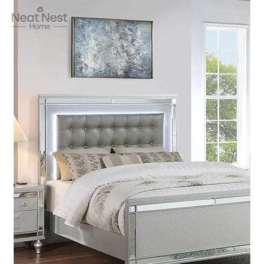 King Size Panel Bed Frame with LED Lights - Beautiful Silver Tufted Faux Leather - Ohberri
