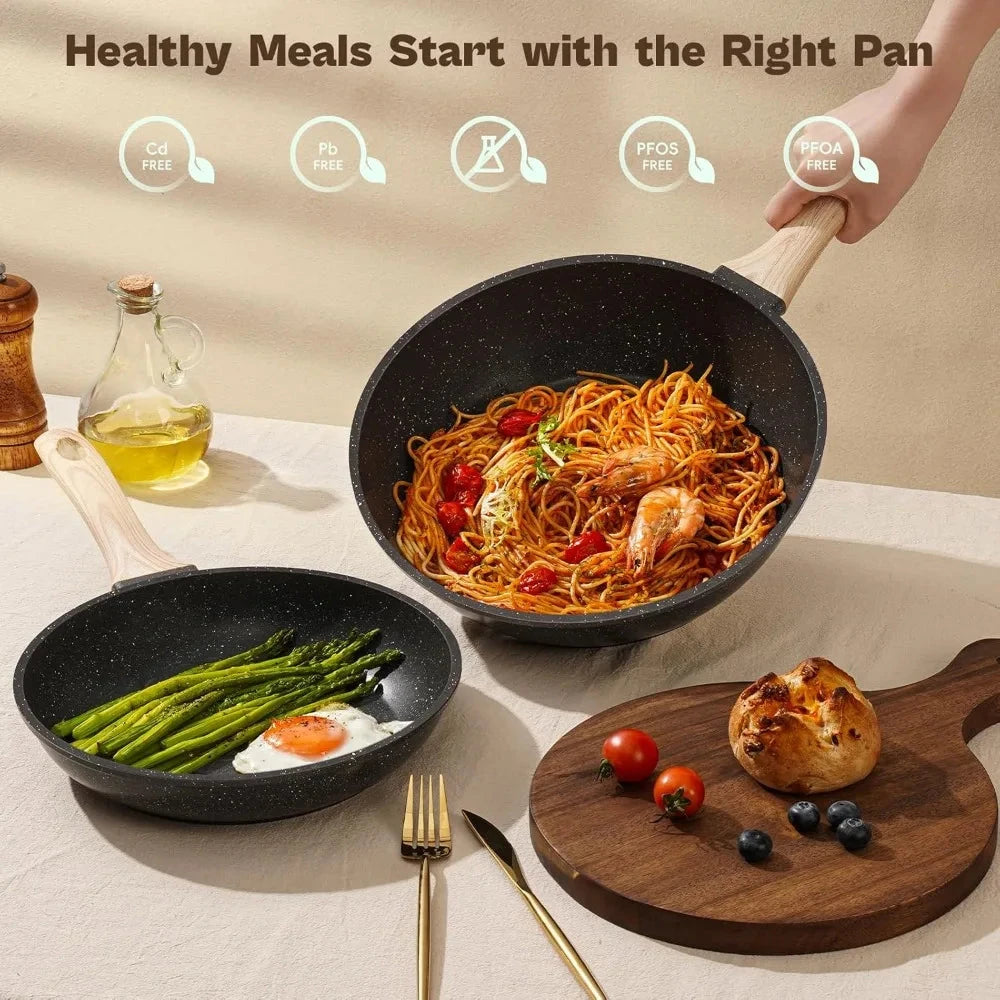 Pots and Pans Set, Nonstick Cookware Sets Black Granite Induction Ohberri