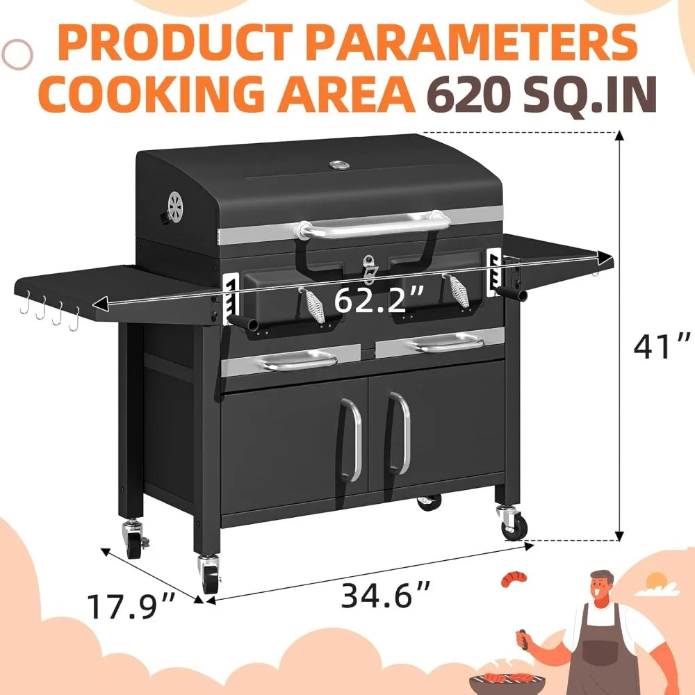 36 In Extra Large Charcoal Grill - 620 Sq.In Oversized BBQ Area with Thermometer & Individual Lifting Charcoal Trays - Ohberri