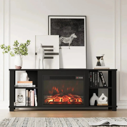 fireplace tv stand for television up to 65 inch, modern with storage shelves -black Ohberri