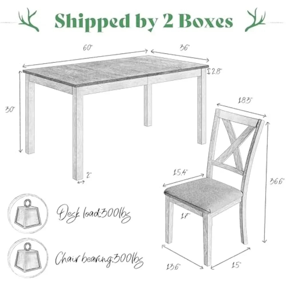 7-Piece Farmhouse Solid Wood Dining Table Set with 6 Upholstered Chairs, 60" Space Saving Dinner Table & Chairs Set - Ohberri