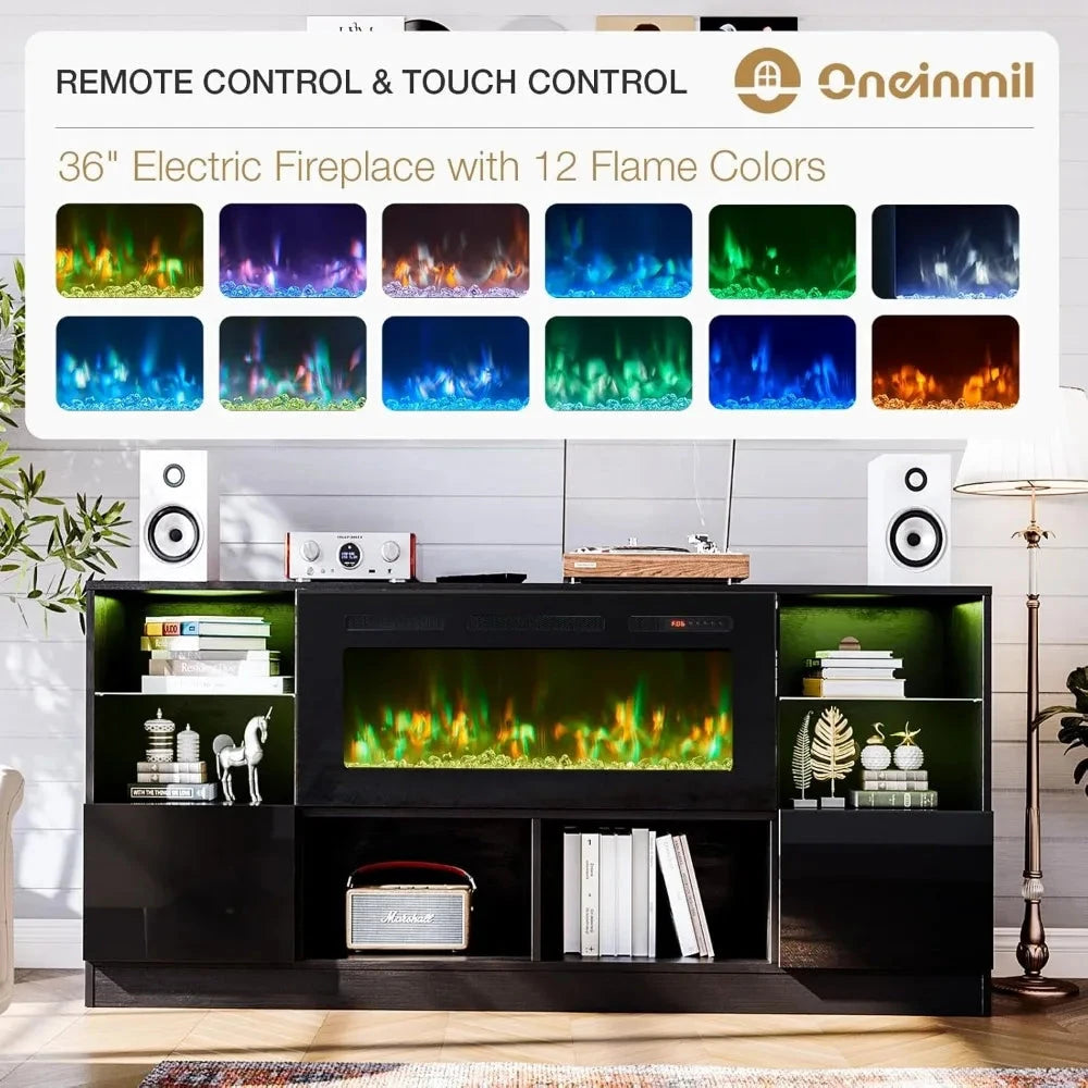 fireplace tv stand with 36” electric fireplace, 70” tv console tvs up to 80", led light Ohberri