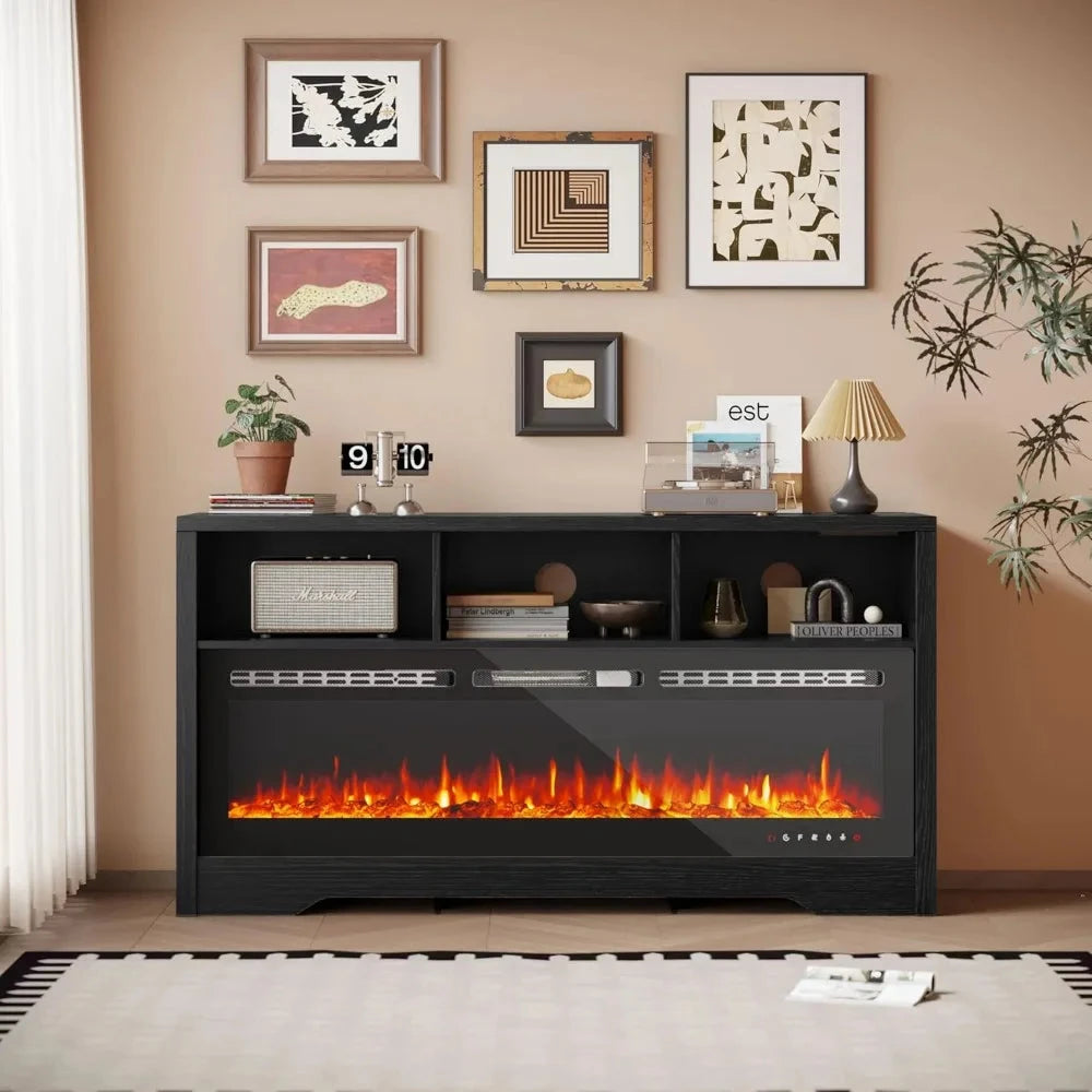 Fireplace TV Stand with 50" Glass Electric Fireplace with Power Outlets for Up to 65 inch TV Ohberri