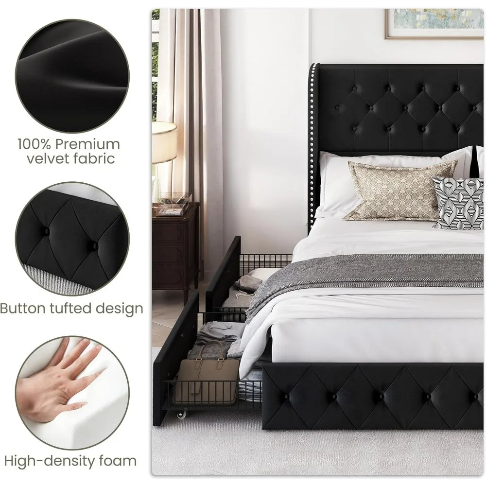 Bed Frame with 4 Storage Drawers and Tufted Headboard Velvet Upholstered Platform - Ohberri