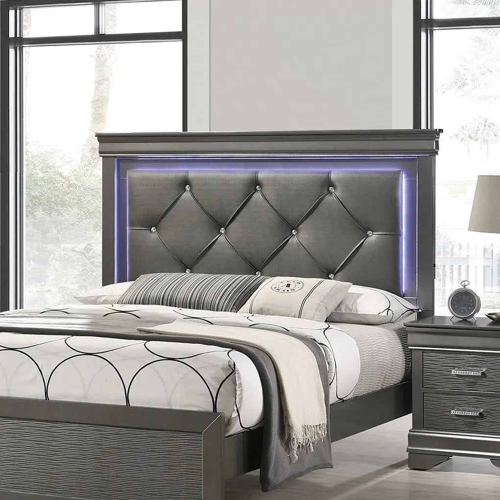 Dark Gray Faux Leather Tufted Headboard 1pc Queen Size Bed W LED Bedroom -Grey My Store