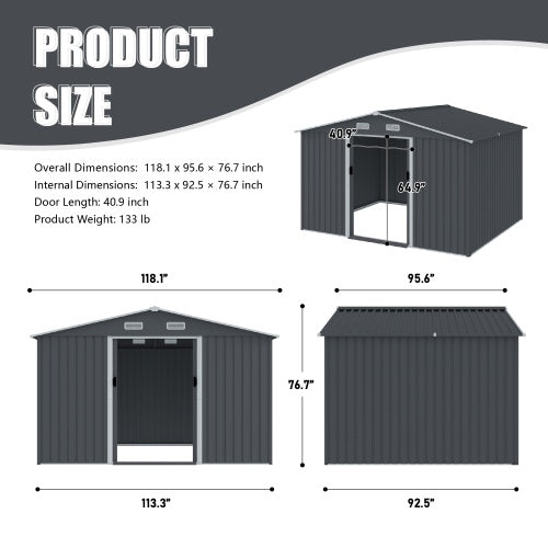 Outdoor Storage Shed 8 X 10 FT Large Metal Tool Sheds Heavy Duty Storage Grey My Store