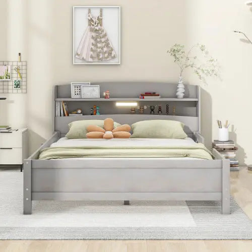 Wood Full Size Platform Bed With Built-in LED Light, Storage Headboard And Guardrail, Antique Grey My Store