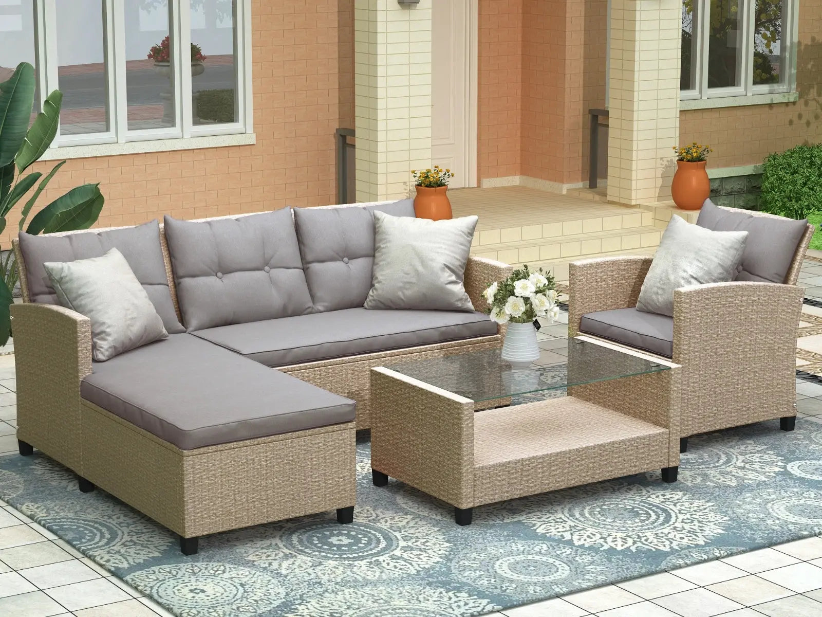 Patio Furniture Sets  4PC Wicker Rattan Sofa Conversation Set My Store