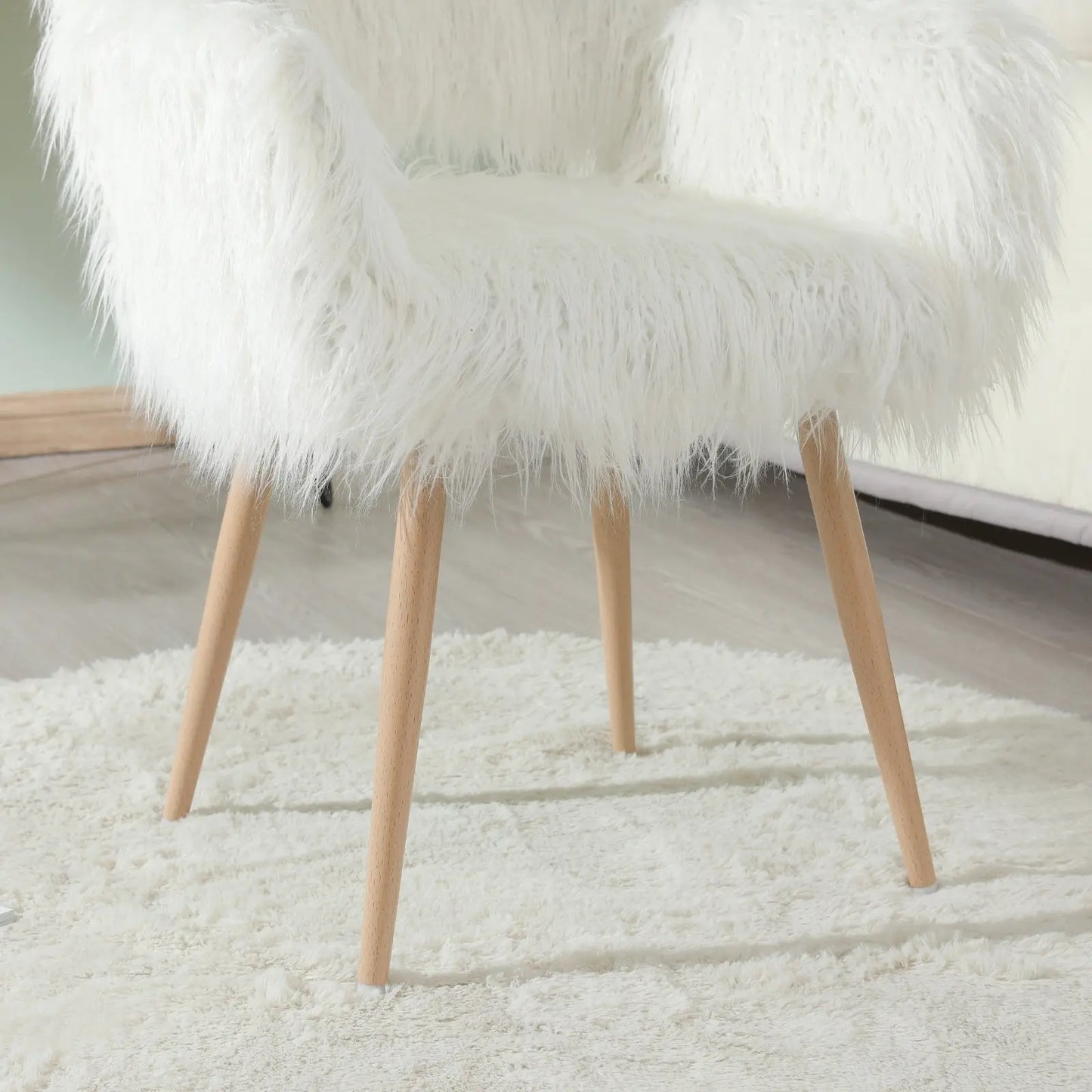 WHITE Faux Fur Upholstered Make Up Chair Side Dining Chair With Metal Leg WHITE Beech Metal Leg My Store