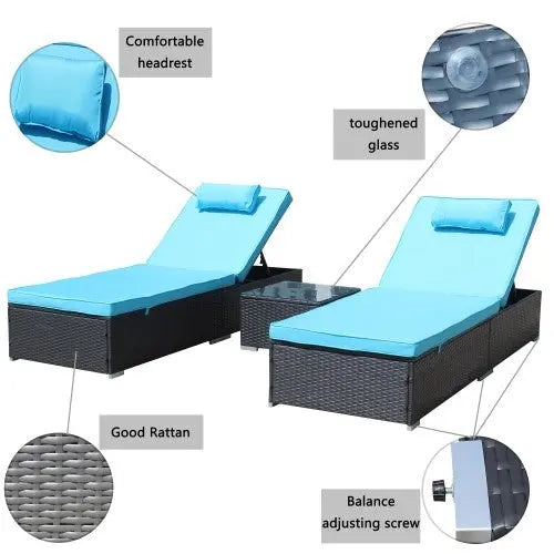 3-Piece Outdoor Patio Furniture Set Chaise Lounge, Patio Reclining Rattan Lounge Chair Chaise Couch Cushioned With Glass Coffee Table, Adjustable Back And Feet, Lounger Chair For Pool Garden, Blue My Store
